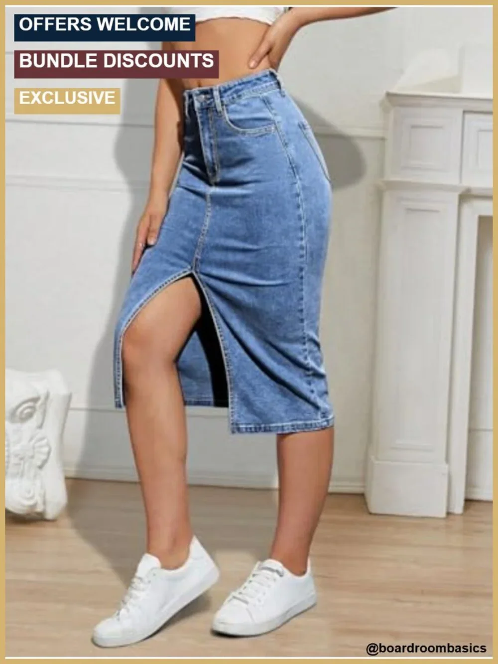 High Waist Midi Denim Pencil Skirt with Slit and Pockets